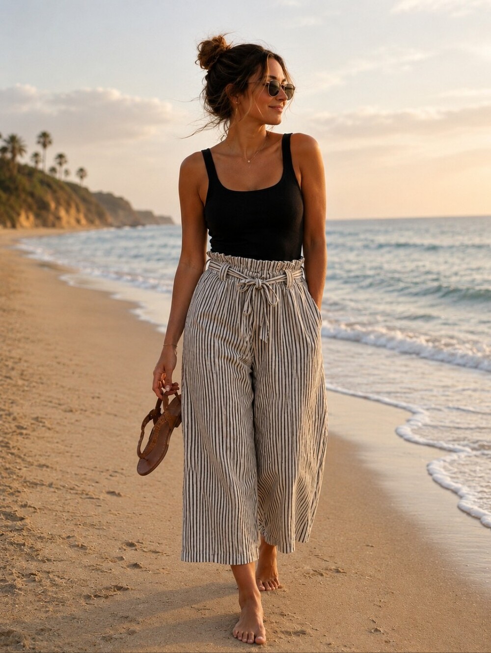 MAX Studio Linen Blend Cropped Wide Leg Pants Size Small Tie Waist Striped